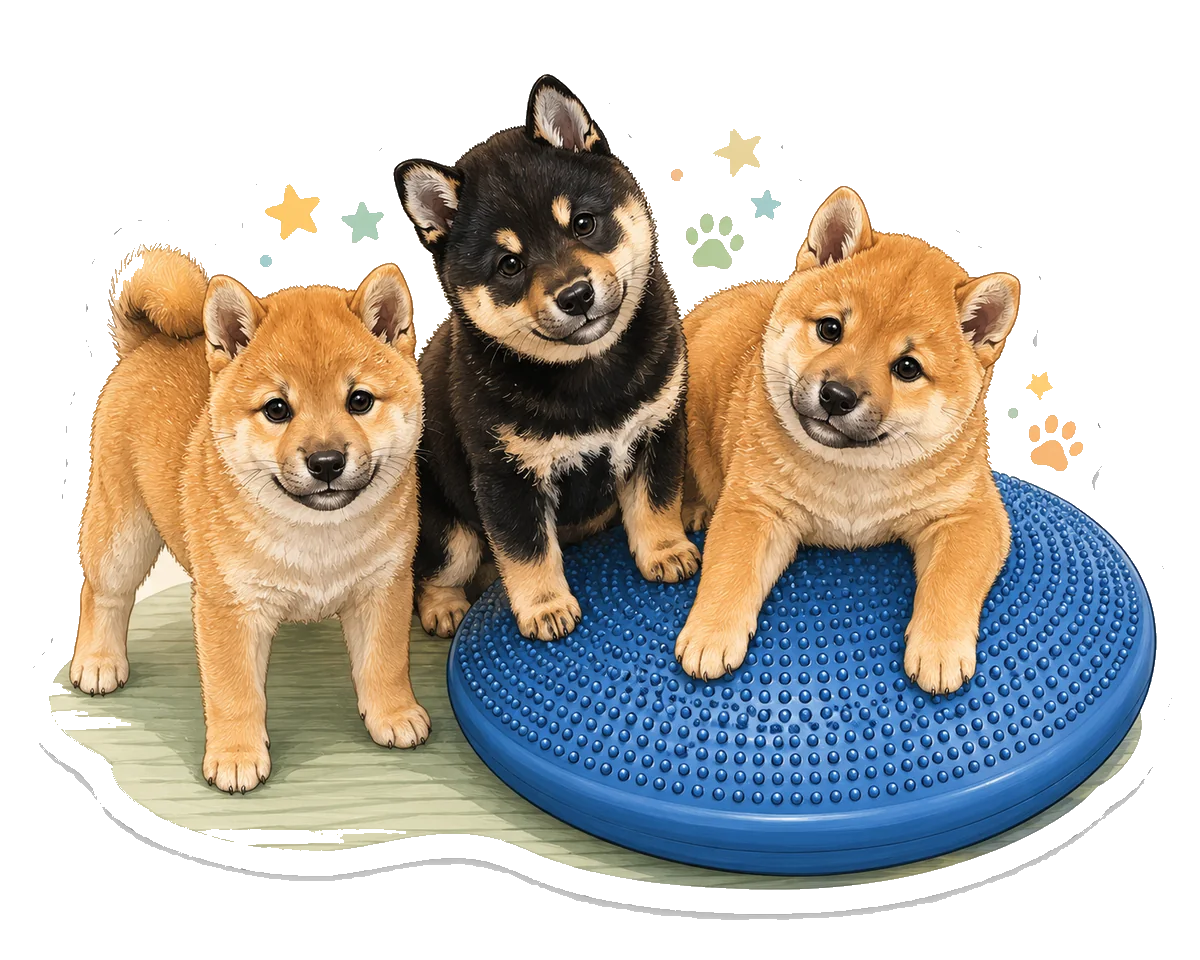 Three Shiba puppies on a blue balance disc