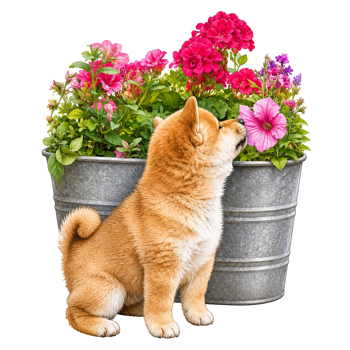 Illustration of a puppy smelling flowers